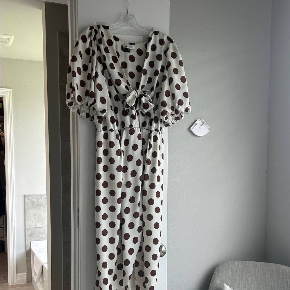 Chic White and Brown Polka Dot Midi Dress